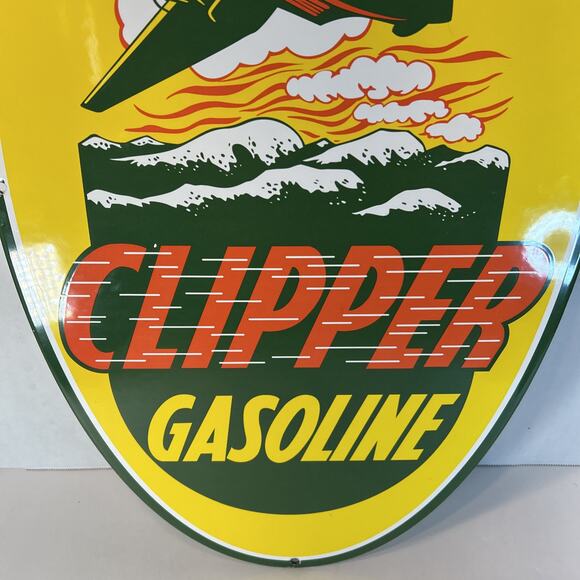 Clipper Gasoline 2-Sided Porcelain Sign 24"x14" Vintage Gas Oil Aviation Plane - Picture 3 of 10